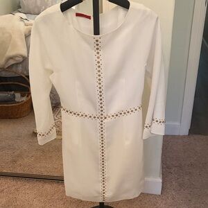 Tamara Mellon White Long Sleeve Shift Dress with Gold Stud Trim